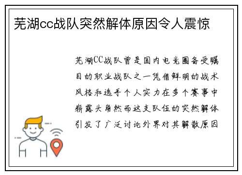 芜湖cc战队突然解体原因令人震惊